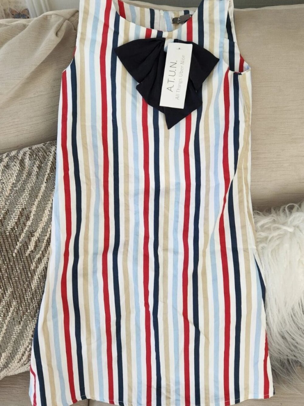 ATUN mult color Striped Tie Summer Cotton Dress Girls 7-8 NWT